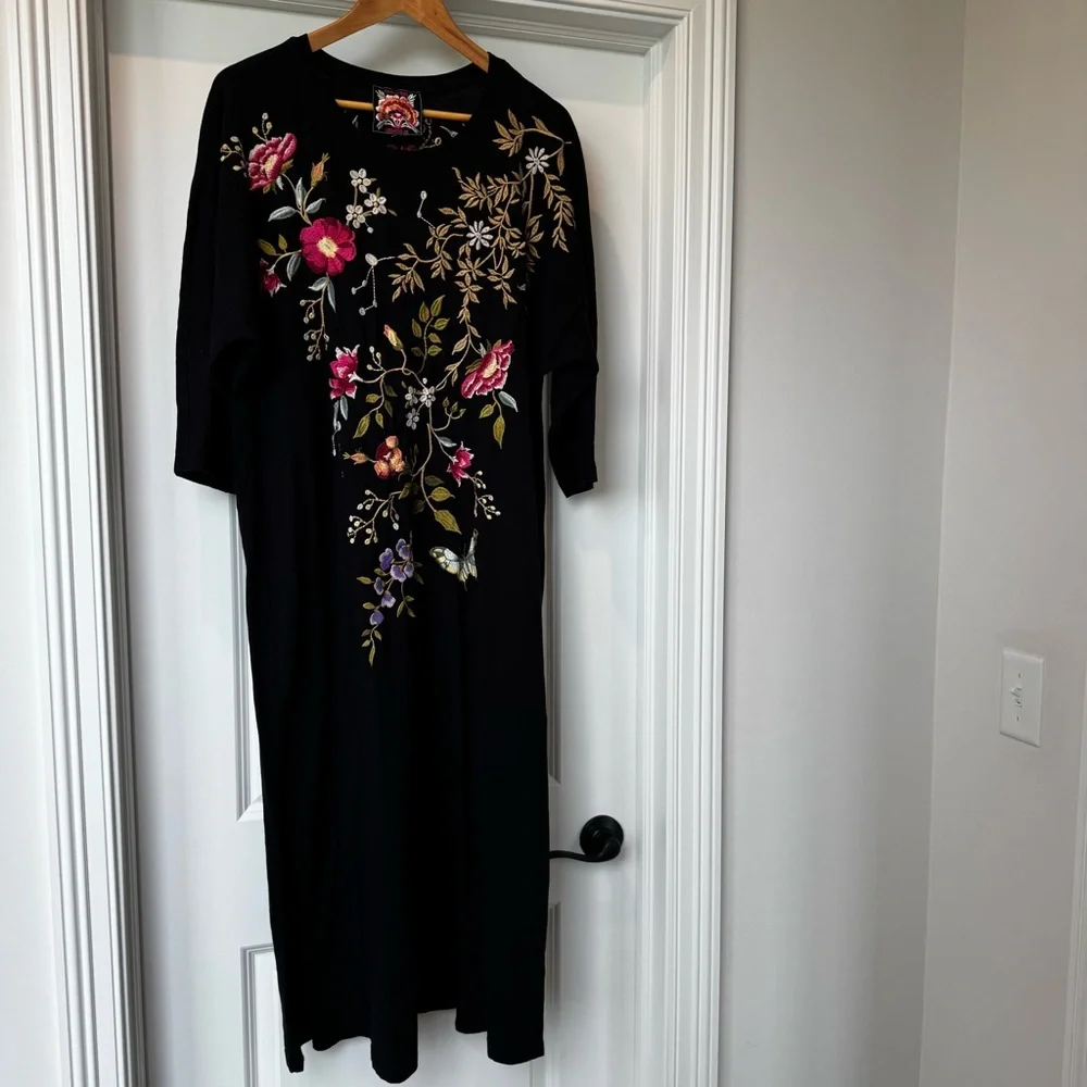 Johnny Was XL Embroidered Tunic Dress Black Floral Bird Boho Midi/Maxi - Picture 2 of 8